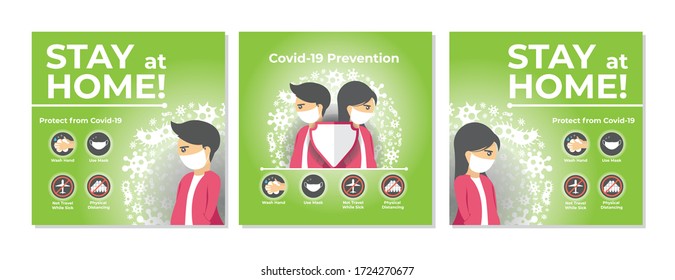set of coronavirus prevention and stay at home infographics poster design.