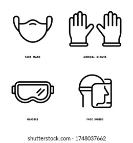 Conjunto de protección de Coronavirus. Máscara facial, escudo facial, guantes y gafas. Vector de línea. Aislar sobre fondo blanco.