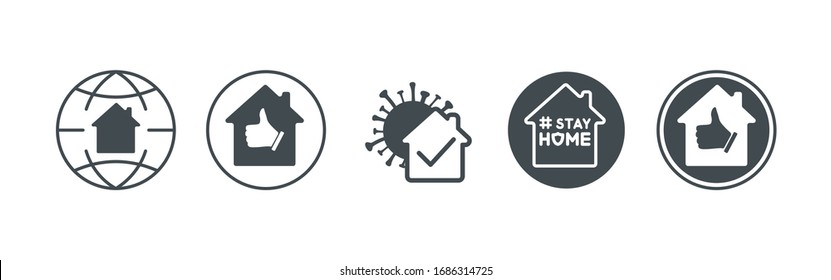 Conjunto de iconos aislados de protección coronavirus sobre fondo blanco. Apoyo al movimiento de cuarentena, distancia en casa medida para evitar la propagación de Covid19. Paneles planos con silueta de casa. Vector EPS10