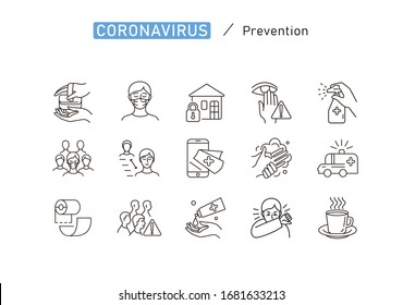 Set of Coronavirus Protection. Prevention of New epidemic 2019-nCoV icon set for infographic or website. Safety, health, remedies and prevention of viral diseases. Isolation. Vector illustration