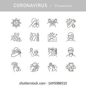 Set of Coronavirus Protection. Prevention of New epidemic 2019-nCoV icon set for infographic or website. Safety, health, remedies and prevention of viral diseases. Isolation. Vector illustration