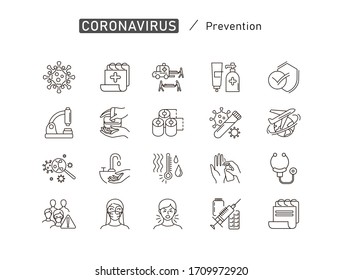 Set of Coronavirus Protection. Prevention of New epidemic 2019-nCoV icon set for infographic or website. Safety, health, remedies and prevention of viral diseases. Isolation. Vector illustration