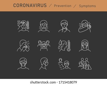 Set of Coronavirus Protection. Prevention of New epidemic 2019-nCoV icon set for infographic or website. Safety, health, remedies and prevention of viral diseases. Isolation. Vector illustration