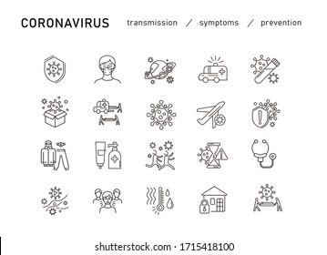 Set of Coronavirus Protection. Prevention of New epidemic 2019-nCoV icon set for infographic or website. Safety, health, remedies and prevention of viral diseases. Isolation. Vector illustration