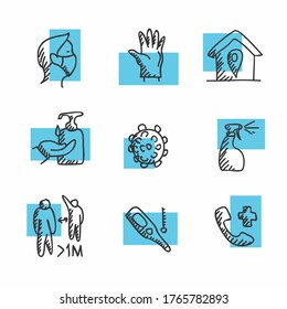 Set of Coronavirus Protection. Prevention of New epidemic 2019-nCoV icon set for infographic lineart handdrawn