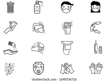 Set of Coronavirus Protection Related Vector icon. In closes such icons as cleaning, protect covid-19, hand dryer, soap, wipe, sanitary and more. Vector health and Prevent disease concept.