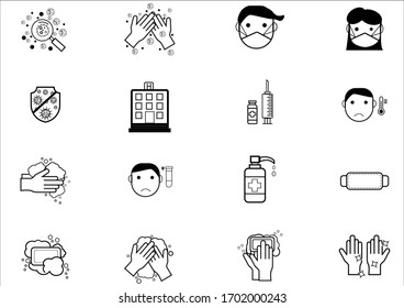 Conjunto de icono del vector relacionado de protección de coronavirus.En cierra iconos como limpiar, proteger covic-19, secadora de mano, jabón, limpiador, sanitario y más.Concepto de salud vectorial y prevenir enfermedades.