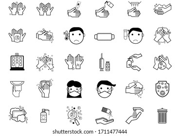 Set of Coronavirus Protection Related Vector icon.In closes such icons as cleaning,protect covic-19,hand dryer,soap,wipe,sanitary and more.Vector health and Prevent disease concept.