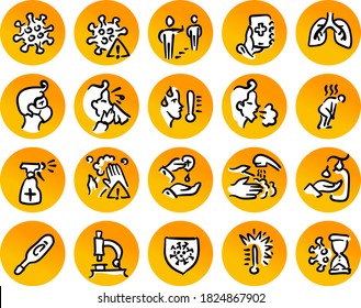 Set of Coronavirus Protection Related. Vector drawing icons. Coronavirus Symptoms, Incubation Period and more. Orange background