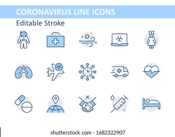 Conjunto de iconos de línea de vectores de protección de coronavirus. Contiene íconos como Ambulancia, Novel CoronaVirus, Medidas de Protección, Síntomas, Período de Incubación y más. 32x32 píxeles. Trazo editable