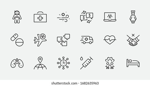 Set of Coronavirus Protection Vector Line Icon. Contains such Icons as Ambulance, Novel CoronaVirus, Protective Measures, Symptoms, Incubation Period and more. 32x32 Pixels. Editable Stroke