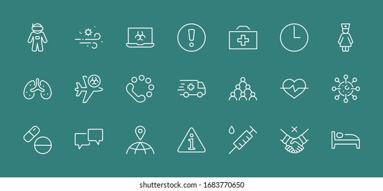 Conjunto de iconos de línea de vectores de protección de coronavirus. Contiene íconos como Ambulancia, Novel CoronaVirus, Medidas de Protección, Síntomas, Período de Incubación y más. 32x32 píxeles. Trazo editable