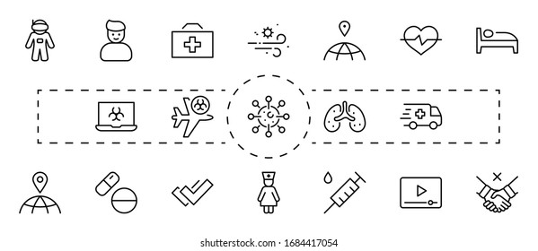 Set of Coronavirus Protection Vector Line Icon. Contains such Icons as Ambulance, Novel CoronaVirus, Protective Measures, Symptoms, Incubation Period and more. 32x32 Pixels. Editable Stroke