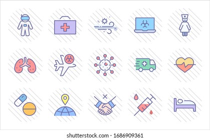 Set of Coronavirus Protection Vector Line Icon. Contains such Icons as Ambulance, Novel CoronaVirus, Protective Measures, Symptoms, Incubation Period and more. 32x32 Pixels. Editable Stroke
