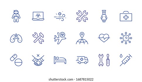 Set of Coronavirus Protection Vector Line Icon. Contains such Icons as Ambulance, Novel CoronaVirus, Protective Measures, Symptoms, Incubation Period and more. 32x32 Pixels. Editable Stroke