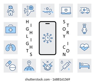 Set of Coronavirus Protection Vector Line Icon. Contains such Icons as Ambulance, Novel CoronaVirus, Protective Measures, Symptoms, Incubation Period and more. 32x32 Pixels. Editable Stroke