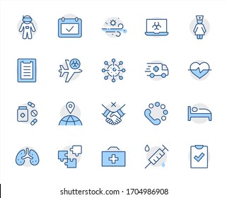 Set of Coronavirus Protection Vector Line Icon. Contains such Icons as Ambulance, Novel CoronaVirus, Protective Measures, Symptoms, Incubation Period and more. 32x32 Pixels. Editable Stroke