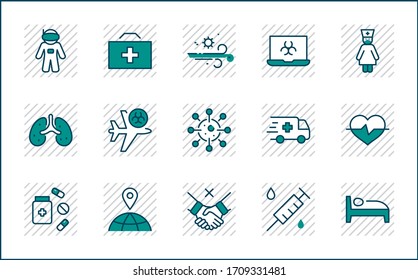 Set of Coronavirus Protection Vector Line Icon. Contains such Icons as Ambulance, Novel CoronaVirus, Protective Measures, Symptoms, Incubation Period and more. 32x32 Pixels. Editable Stroke
