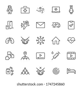 Set of Coronavirus Protection Vector Line Icon. Contains such Icons as Ambulance, Novel CoronaVirus, Protective Measures, Symptoms, Incubation Period and more. 32x32 Pixels. Editable Stroke