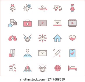 Set of Coronavirus Protection Vector Line Icon. Contains such Icons as Ambulance, Novel CoronaVirus, Protective Measures, Symptoms, Incubation Period and more. 32x32 Pixels. Editable Stroke