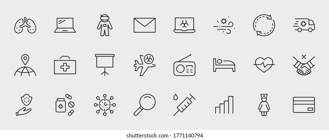 Set of Coronavirus Protection Vector Line Icon. Contains such Icons as Ambulance, Novel CoronaVirus, Protective Measures, Symptoms, Incubation Period and more. 32x32 Pixels. Editable Stroke