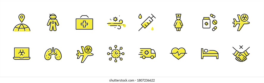 Set of Coronavirus Protection Vector Line Icon. Contains such Icons as Ambulance, Novel CoronaVirus, Protective Measures, Symptoms, Incubation Period and more. 32x32 Pixels. Editable Stroke