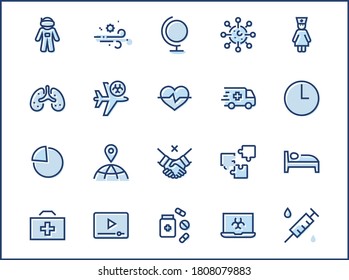 Set of Coronavirus Protection Vector Line Icon. Contains such Icons as Ambulance, Novel CoronaVirus, Protective Measures, Symptoms, Incubation Period and more. 32x32 Pixels. Editable Stroke