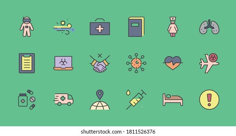 Set von Coronavirus Protection Vector Line Symbol. Enthält Symbole wie Ambulanz, Novel CoronaVirus, Schutzmaßnahmen, Symptome, Inkubationszeit und mehr. 32 x 32 Pixel. Bearbeitbarer Stroke
