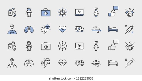 Set of Coronavirus Protection Vector Line Icon. Contains such Icons as Ambulance, Novel CoronaVirus, Protective Measures, Symptoms, Incubation Period and more. 32x32 Pixels. Editable Stroke