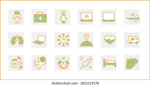 Set von Coronavirus Protection Vector Line Symbol. Enthält Symbole wie Ambulanz, Novel CoronaVirus, Schutzmaßnahmen, Symptome, Inkubationszeit und mehr. Pixel. Bearbeitbarer Stroke