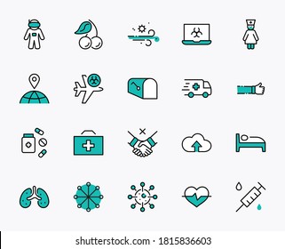 Set von Coronavirus Protection Vector Line Symbol. Enthält Symbole wie Ambulanz, Novel CoronaVirus, Schutzmaßnahmen, Symptome, Inkubationszeit und mehr. 32 x 32 Pixel. Bearbeitbarer Stroke