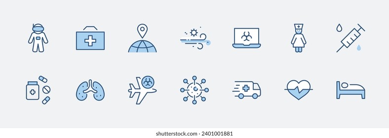 Set of Coronavirus Protection Vector Line Icon. Contains such Icons as Ambulance, Novel CoronaVirus, Protective Measures, Symptoms, Incubation Period and more. 32x32 Pixels. Editable Stroke.