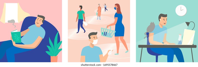 Set Of Coronavirus Related Character Scenes, Face Mask, Relaxing Set Of Pastel Coloured Scenes, Look After Mental Health Relax, Stay At Home, Keep Distance, No Stockpiling Shopping, Social Distancing