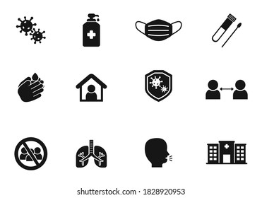 Set of coronavirus related icons in black solid design isolated on white background 