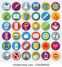 Set of coronavirus safety related vector icons in flat design