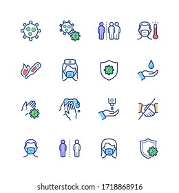 Set Of Coronavirus Safety Related Vector Outline Icons. Contains Such Icons As Virus, Washing Hands, Antiseptic, Man And Woman Wearing Face Mask, Fever, Self-distancing, Virus Protection And More.