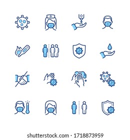 Set of Coronavirus Safety Related Vector Icons. Contains such Icons as Virus, Antiseptic, Fever, Washing Hands, Man and Woman Wearing Face Mask,  Self-distancing, Virus Protection and more.