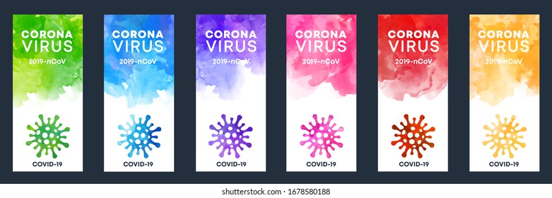 set of coronavirus shape banner labels with watercolor background useful for any project where a platter of color makes the difference danger anatomy texture eruption isolated colourful background sce