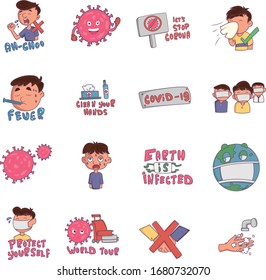 Set of Coronavirus Symptoms and Treatment cartoons. Funny Coronavirus. Covid-19 Vector Stickers Set