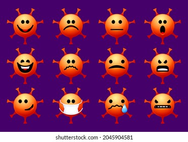 Set of coronavirus themed emoji with smiling and angry virus covid-19. Halloween edition with orange spooky smiley and mask.