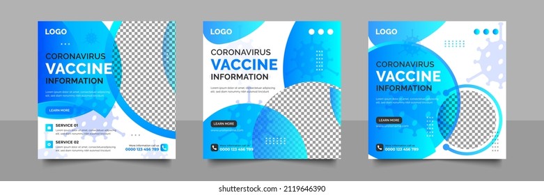 Set of coronavirus vaccine poster. Vaccination social media post for covid-19. Vector illustration.