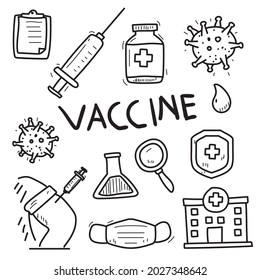 Set of coronavirus vaccine vector in doodle style isolated on white background 