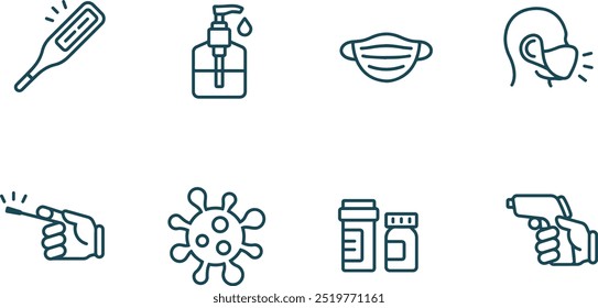 Conjunto de iconos de la línea de Vector del coronavirus, símbolo del signo de COVID