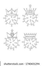 A set of coronaviruses or covid 2019 with a crown on his head as a coloring page. Outline stock vector illustration with virus or flu for print in coloring book or design