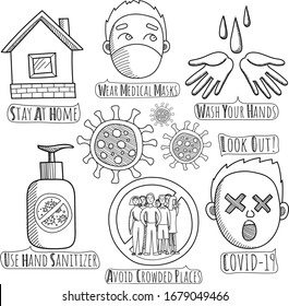 A set of coronavirus-related icons that show how to protect against the virus.