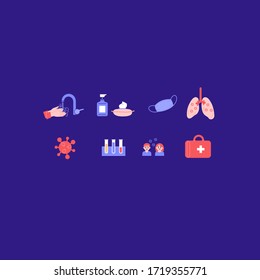 Set of coronavirus-related icons. Washing hands, facemask, lungs, virus, first aid kit, tests