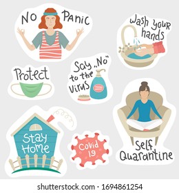 The set of coronavirys stickers. Self quarantine, stay home, no panic. Prevention Covid-19