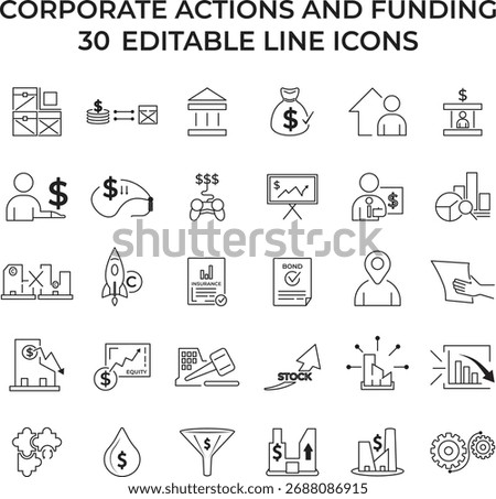 Set of corporate actions and funding editable line icons illustrating finance, investment, capital, business growth, and stock concepts for presentations, infographics, and marketing materials.