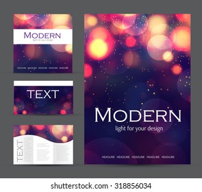 Set of corporate bokeh lights templates. Abstract brochure design. Vector illustration.