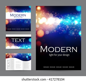 Set of corporate bokeh lights templates. Abstract brochure design. Vector illustration.